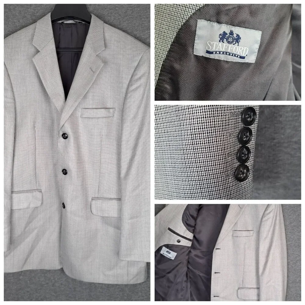 Stafford Blazer Mens 40R‎ White Black Silk Wool Pattern Business Jacket